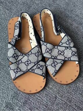🚩steal Gucci Navy GG Canvas Crisscross Slingback Sandals with Tan Footbed